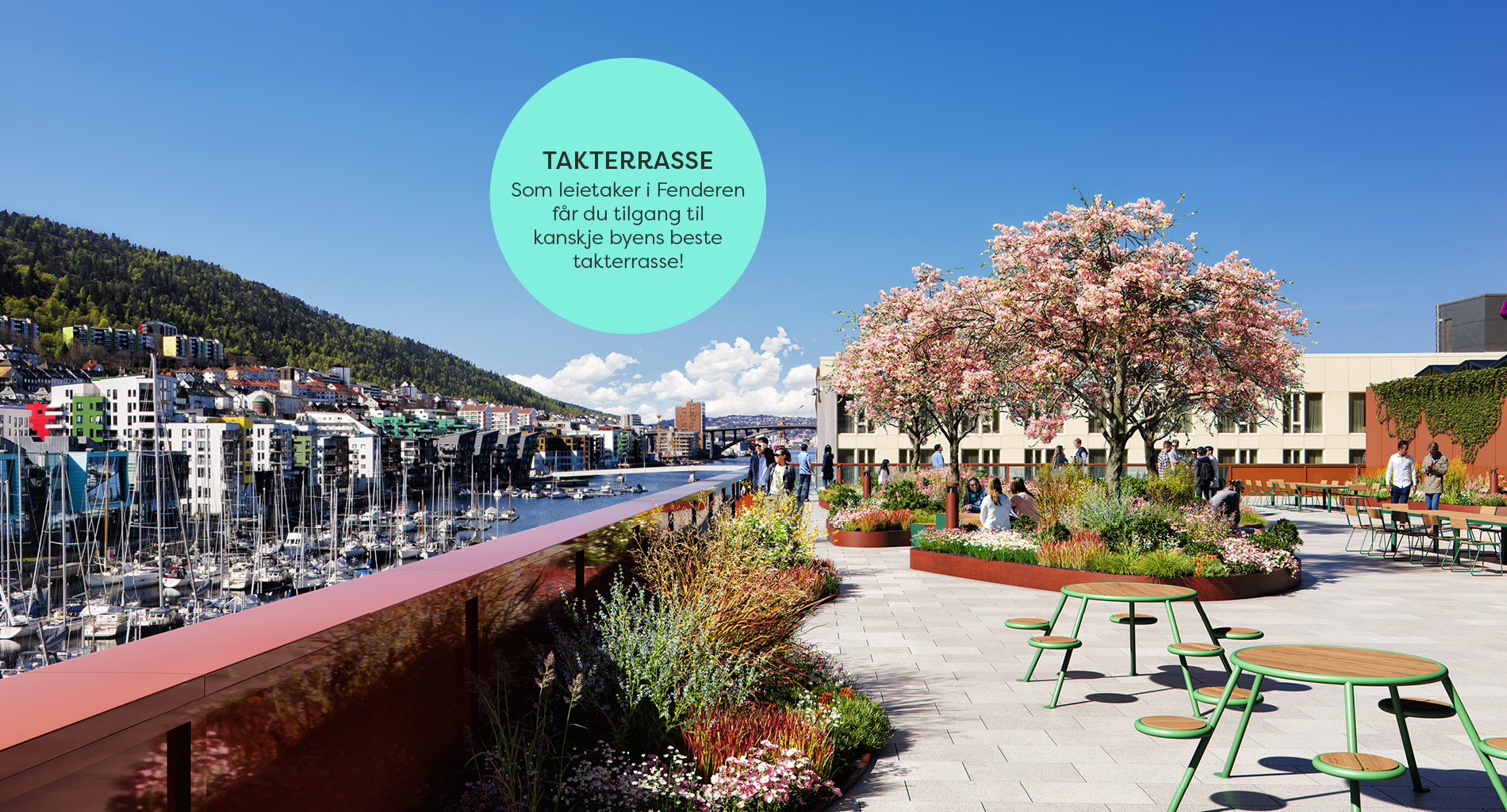 Visualisering av takterrassen du får tilgang til som leietaker i Fenderen. Utsikt mot småpudden og Damsgård