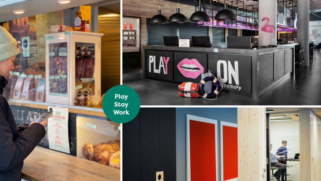 Collage: Play, stay, work. 1. Person som bestiller mat fra Bakstebilen. 2. Resepsjonen i Moxy hotel Bergen. 3. Kontorlokaler hos NHC i Skipet.