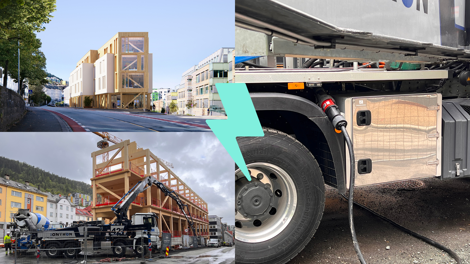 Collage: Øverst til venstre er en visualisering av Krohnen. Nederst til venstre betongbilen som leverer støp, til høyre det elektriske støpselet på betongbilen.