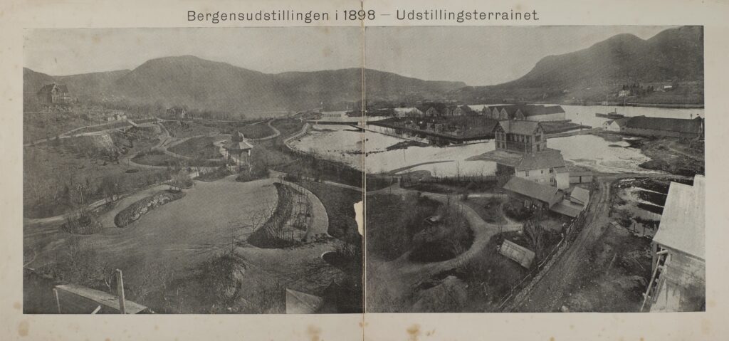 Oversikt over Marineholmen og Nygårdsparken ut før Bergensutstillingen i 1898
