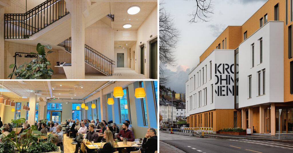 En bildekollasje som viser bilder av Krohnen i forbindelse med frokostmøte og guidet omvisning i næringsbygget som er Norges første NollCO2-sertifiserte bygg.
