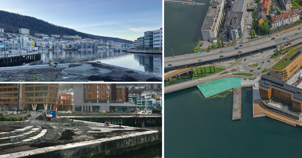 En montasje av tre bilder som viser hvordan Verftsparken i Solheimsviken ser ut i dag og hvor den ligger.