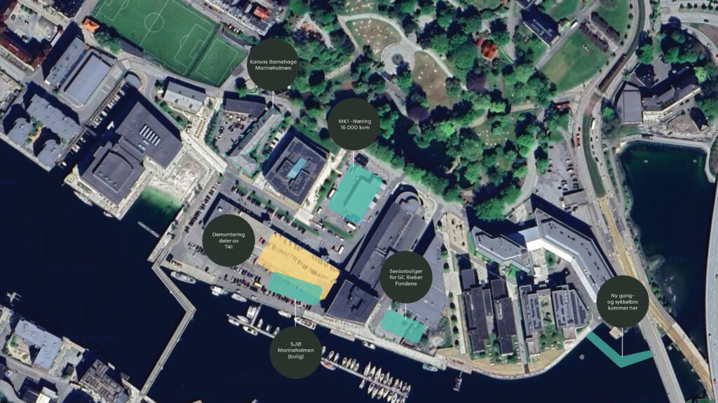Oversiktskart som viser hva som på marineholmen i bergen i fase 1 av utbyggingen