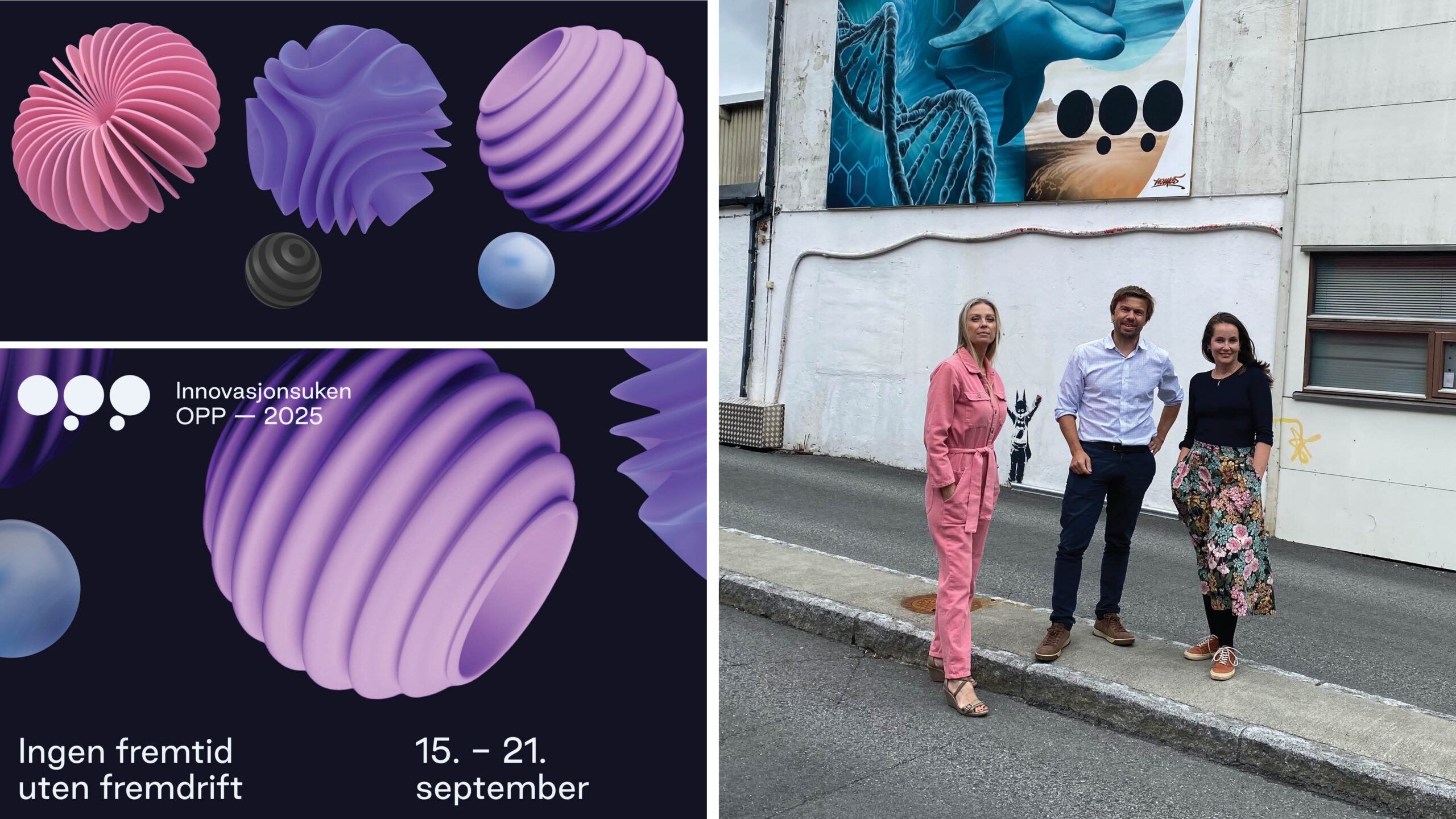 Sammensatt bilde som viser plakat for Innovasjonsuken opp 15.–21. september 2025. På plakaten står det "Ingen fremtid uten fremdrift", som er navnet på årets festival. I tillegg er det et bilde som viser og Hilde Indresøvde fra VIS, Øyvind Ramberg fra GC Rieber Eiendom pg festivalsjef Christina Sundli-Härdig.
