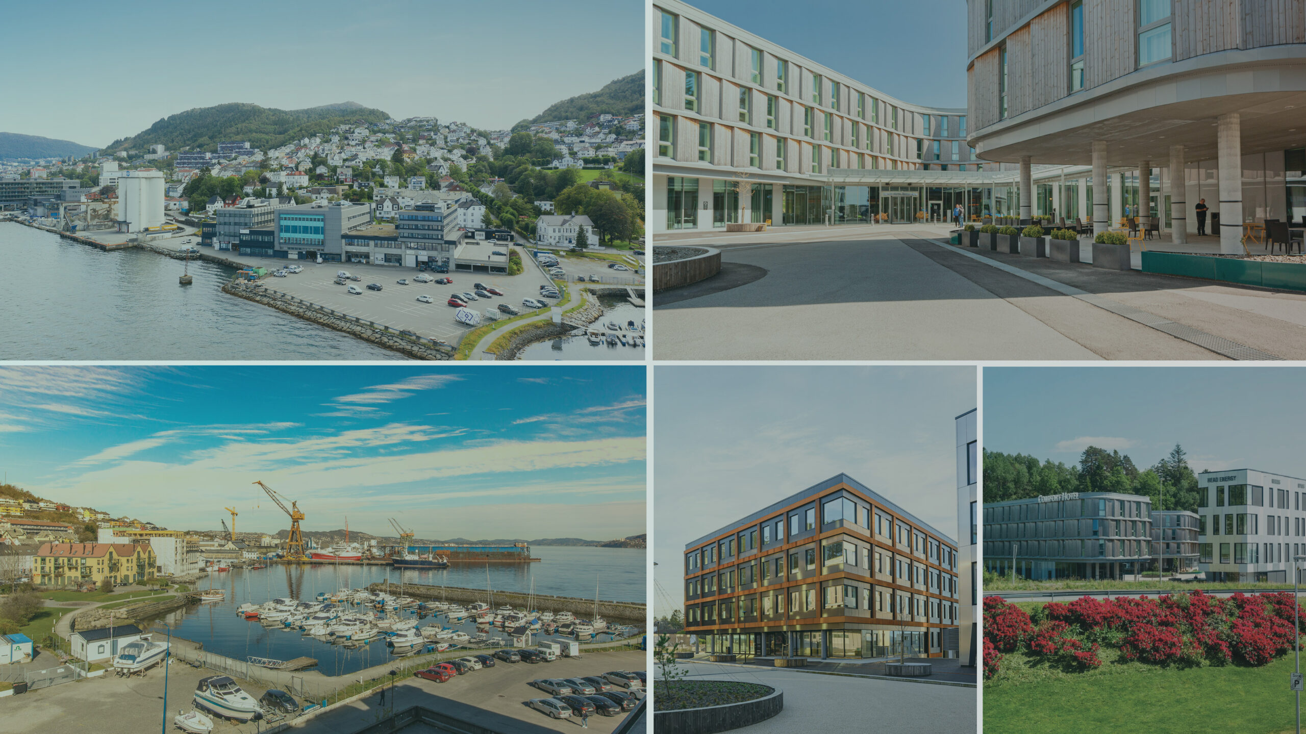 Sammensetning av flere bilder som viser eiendommer som GC Rieber Eiendom eier sammen med Linstow: Damsgåårdsveien 161-171, Midtbygget, Expobygget, Comfort Hotel Bergen Airport
