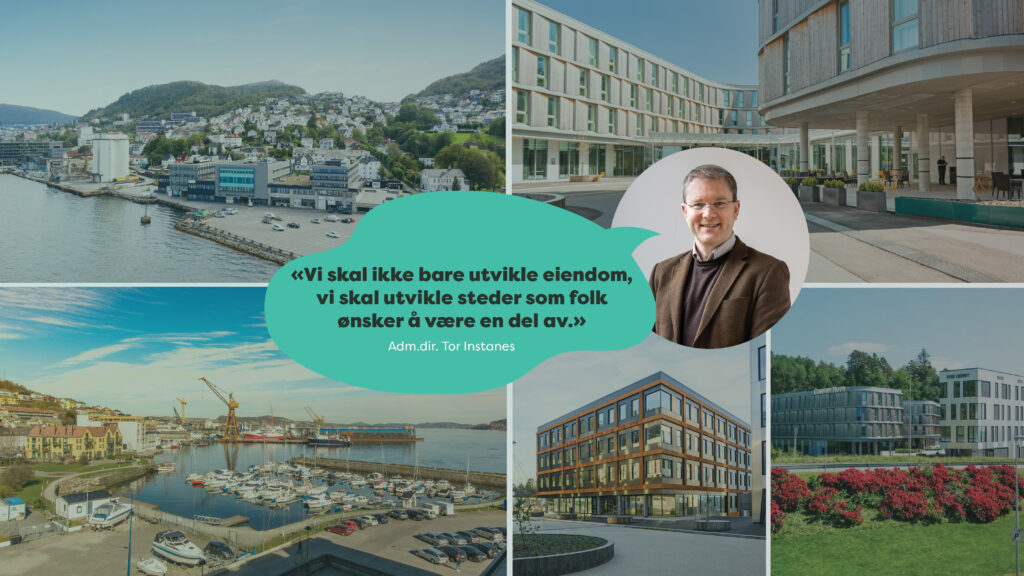 Sammensetning av flere bilder som viser eiendommer som GC Rieber Eiendom eier sammen med Linstow: Damsgåårdsveien 161-171, Midtbygget, Expobygget, Comfort Hotel Bergen Airport. Også bilde av Tor Instanes, administrerende direktør i GC Rieber Eiendom, med sitatet "Vi skal ikke bare utvikle eiendom, vi skal utvikle steder som folk ønsker å være en del av."