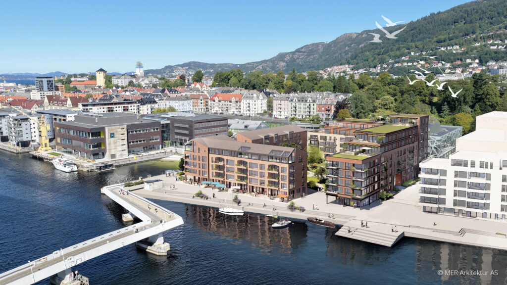 3D-visualisering som viser neste byggetrinn med boliger på Marineholmen sett fra luften med småpudden foran og BI, bystranden og Nygardsparken bak