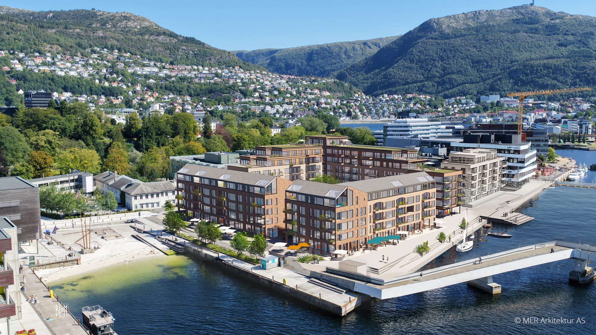 3D-visualisering som viser neste byggetrinn med boliger på Marineholmen sett fra luften med småpudden foran og BI og bystranden i forkant og Nygardsparken og Ulriken bak