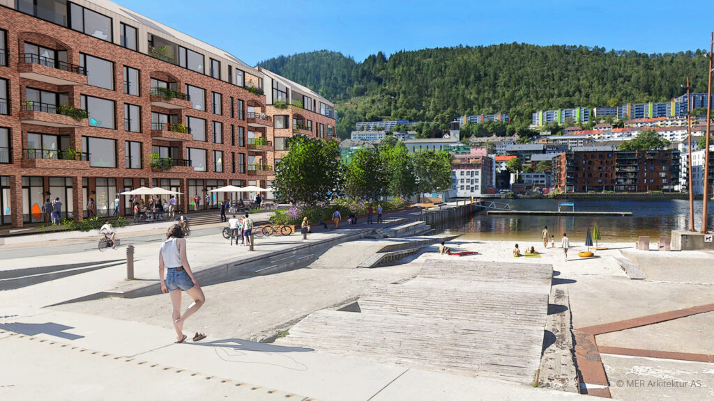 3D-visualisering som viser neste byggetrinn med boliger på Marineholmen sett fra bystranden