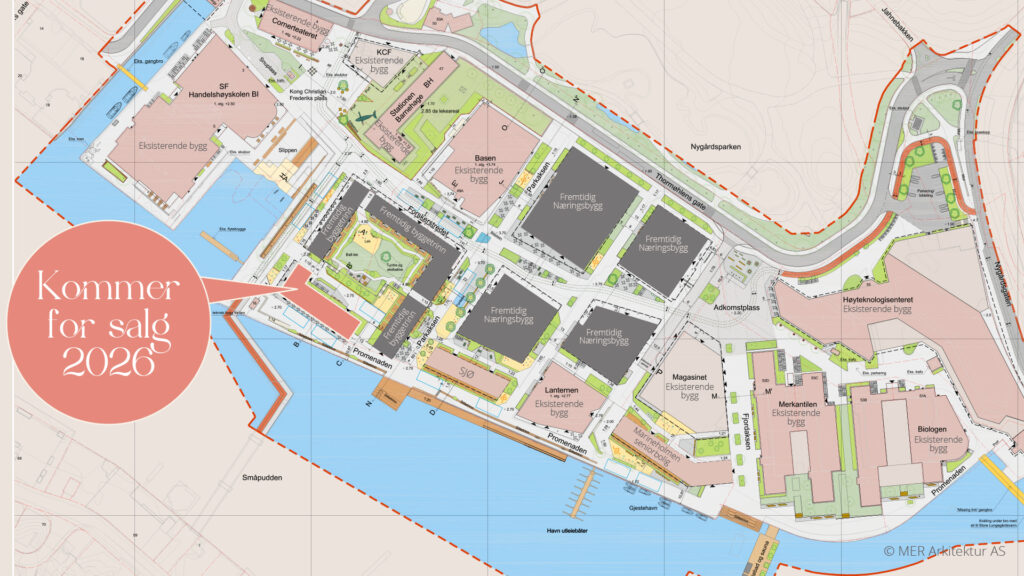 Kart over Marineholmen i Bergen som viser at neste byggetrinn med boliger vil ligge rett ved småpudden, nystranden og BI. På kartet står teksten "Kommer for salg 2026"