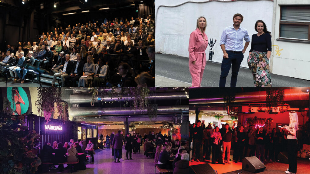 Sammenstilling av fire bilder. Ett bildeviser F.v. Hilde Indresøvde (Nestleder VIS, leder for strategi og samarbeid), Øyvind Ramberg (Markeds- og forvaltningsdirektør), Christina Sundli-Härdig (Festivalsjef for Innovasjonsuken OPP). De andre tre viser arrangementer som i løpet av året er holdt i GC Rieber Eiendoms bygninger.