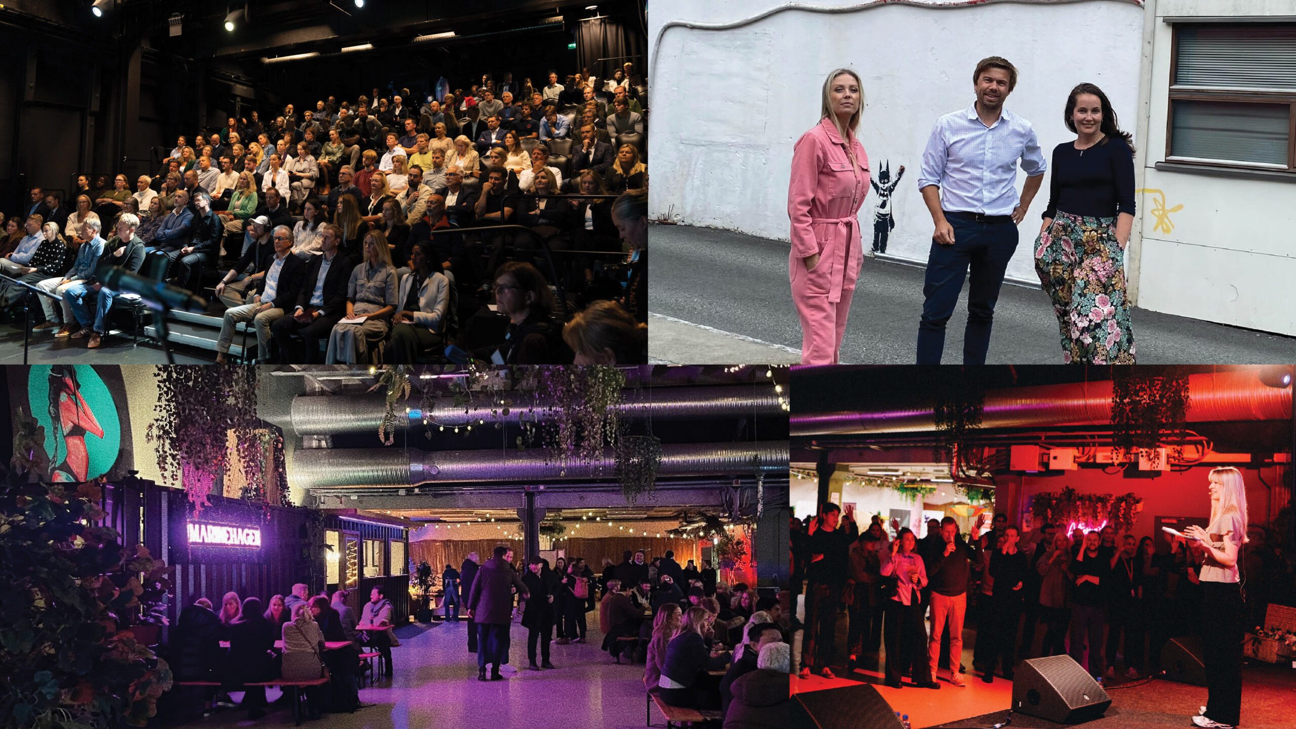 Sammenstilling av fire bilder. Ett bildeviser F.v. Hilde Indresøvde (Nestleder VIS, leder for strategi og samarbeid), Øyvind Ramberg (Markeds- og forvaltningsdirektør), Christina Sundli-Härdig (Festivalsjef for Innovasjonsuken OPP). De andre tre viser arrangementer som i løpet av året er holdt i GC Rieber Eiendoms bygninger.